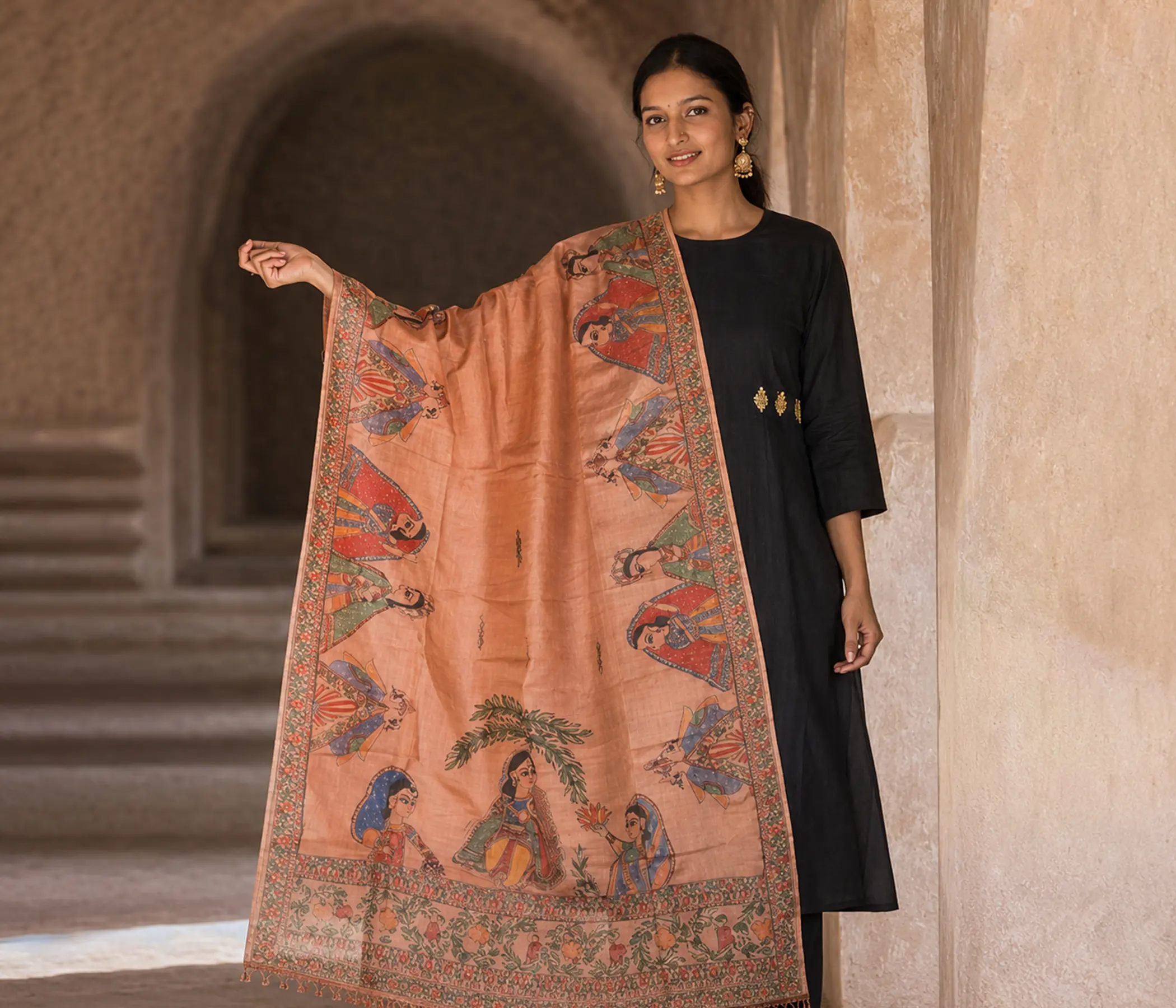 Madhubani Hand-painted Salmon Tussar Silk Dupatta